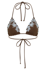 Bloom Embroidered Triangle Bikini Top - Chocolate With Pale Blue Embroidery
