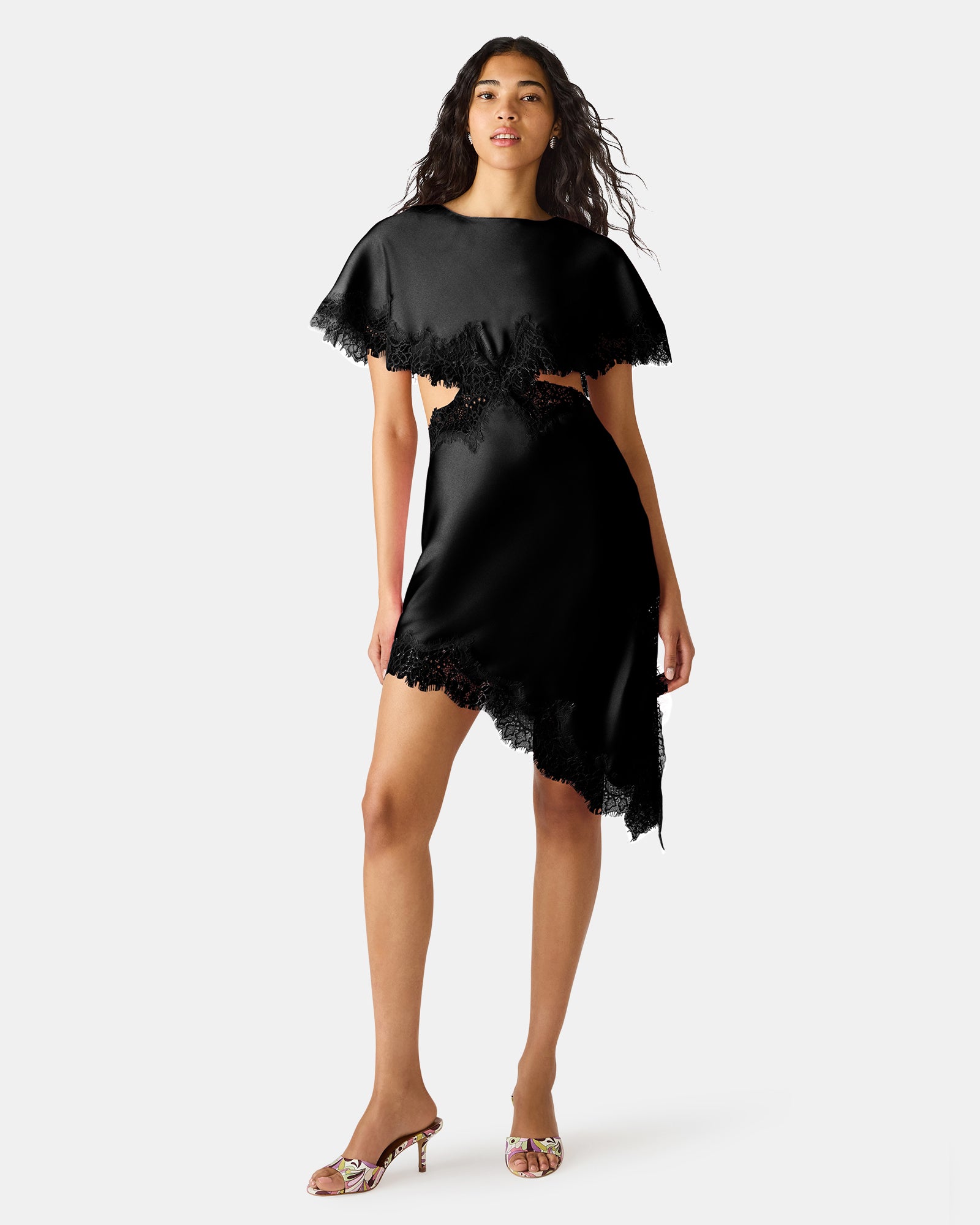 MAYCI Black Lace Trim Asymmetrical Women's Dress | Steve Madden